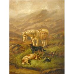 Walter Andrew, A PONY, TWO POINTERS AND DEAD GROUSE IN A HIGHLAND LANDSCAPE, Signed bottom le...