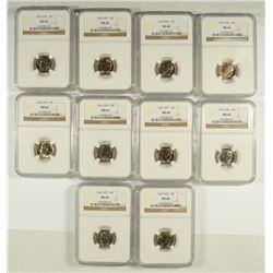 LOT OF ( 10 ) 1966 SMS ROOSEVELT DIMES, NGC MS-66