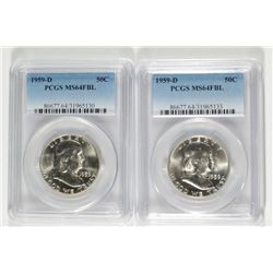 LOT OF ( 2 ) 1959-D FRANKLIN HALF DOLLARS, PCGS MS-64 FBL