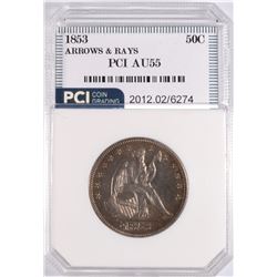 1853 SEATED HALF DOLLAR ARROWS AND RAYS, PCI AU-55