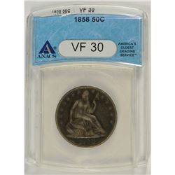 1858 SEATED HALF DOLLAR, ANACS VF-30