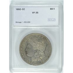 1892-CC MORGAN SILVER DOLLAR, SEGS VF-35  NICE!
