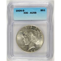 1926-D PEACE SILVER DOLLAR, ICG AU-58