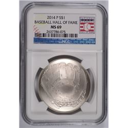 2014 BASEBALL HALL OF FAME SILVER DOLLAR, NGC MS-69