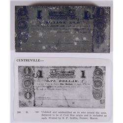 RARE! TEXAS CONFEDERATE PRINTING BLOCK THAT PRODUCED A ONE DOLLAR NOTE
