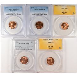 5 GRADED LINCOLN CENTS; 1945 1C LINCOLN ANACS MS64 RED, 1957-D 1C LINCOLN ANACS