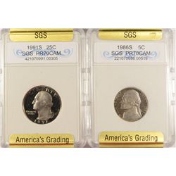 2 - SGS GRADED COINS: 1986S 5C & 1991S 25C SGS PR70CAM