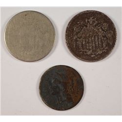 LOT OF 3 NICKELS: 1865 3C NICKEL & (2) 5C SHIELD NICKELS