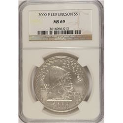 2000-P LEIF ERICSON COMMEM SILVER DOLLAR, NGC MS-69