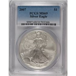 2007 AMERICAN SILVER EAGLE, PCGS MS-69