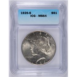 1926-S PEACE SILVER DOLLAR, ICG MS-64 NICE WHITE COIN!
