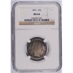 1892 BARBER QUARTER NGC MS 64 SUPER COLORS