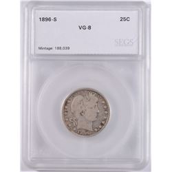 1896-S BARBER QUARTER, SEGS VG-8, RARE, KEY DATE!