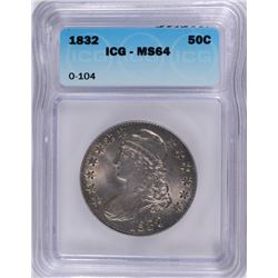 1832 CAPPED BUST HALF DOLLAR, ICG MS64  STUNNING COLOR & STRIKE! GS BID $3500.00