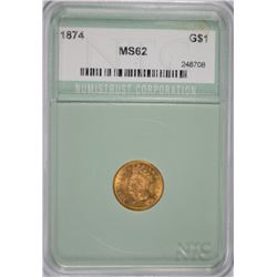 1874 GOLD DOLLAR (TYPE III) NTC MS-62
