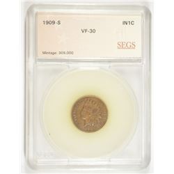 1909-S INDIAN HEAD CENT SEGS VF-30