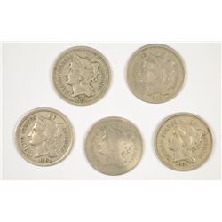 (5) THREE CENT NICKELS (65, 67, 69, 72, 81)