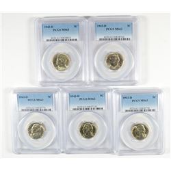 (5) 1943-D JEFFERSON (WAR) NICKELS PCGS MS-63