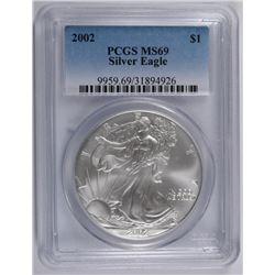 2002 AMERICAN SILVER EAGLE, PCGS MS-69