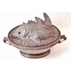 ANTIQUE CHINESE TAKWO PEWTER FISH WARMING DISH W/ JADE HANDLES