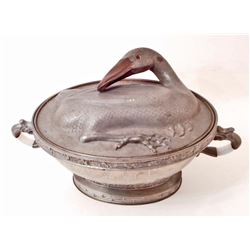 ANTIQUE CHINESE TAKWO PEWTER DUCK WARMING DISH W/ JADE HANDLES