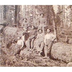 ANTIQUE MOUNTED LOGGING PHOTO OF MEN ON A HUGE TREE