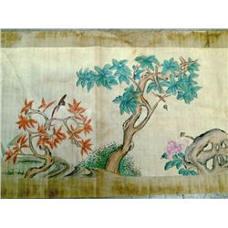 A scroll painting of pairs of birds and trees with poem