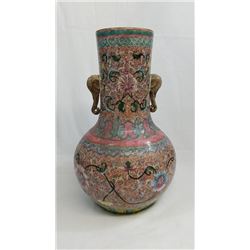 A Qing large porcelain fencai vase with elephant head