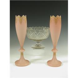 A pair of Victorian pink opaline glass vases with gilded decoration, 39cm high, and a 19th Cen...