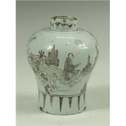 A faience tea canister painted in manganese with a chinoiserie scene, late 17th Century Est...