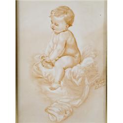 A 19th Century hand painted Continental porcelain plaque with a baby sitting on a cushion play...