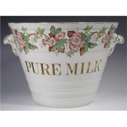 A large Victorian pottery two-handled milk pail, with printed and hand-touched enamel decorati...