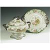 Image 1 : An ironstone soup tureen cover and stand c.1840, transfer printed in brown and colours with ch...