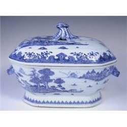 A 19th Century Chinese export blue and white lidded tureen with Chinese landscape decoration a...