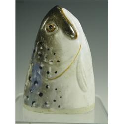 A rare porcelain fish head stirrup cup with speckled blue skin and black head, faint mark, cra...