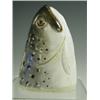 A rare porcelain fish head stirrup cup with speckled blue skin and black head, faint mark, cra...