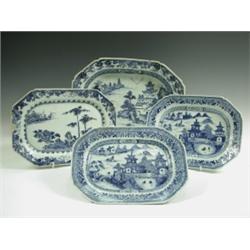 A pair of Chinese blue and white octagonal meat dishes, with landscape decoration, 28cm; a dee...