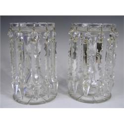 A pair of Victorian glass lustres, with facetted baluster stems and prism drop lustres, 22cm h...