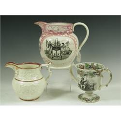 A Victorian Sunderland lustre jug, printed with a view of the Ironbridge, The Mariners Arms an...