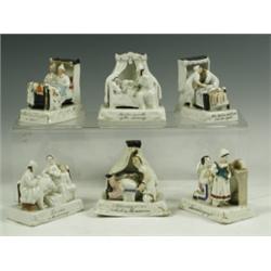 Six Victorian china fairings: 'The Wedding Night', 'The Last in Bed to Put Out the Light', 'Sh...