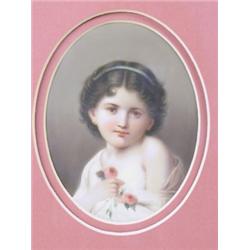 A 19th Century hand painted Continental oval porcelain plaque depicting a young girl holding t...