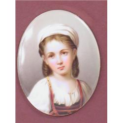 A l9th Century hand painted Continental oval porcelain plaque, depicting a young girl in natio...