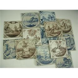 Thirteen delft tiles, of various religious and other themes, six manganese and seven blue and...