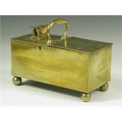 A Victorian brass counter tobacco box, with a coin operated mechanism, stamped 'Rich, Bridgewa...
