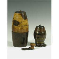 A Victorian treen barrel shaped string box, and a walnut? spice grinder, 18cm high Est. 100...