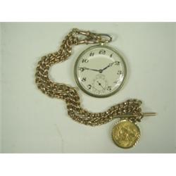 A Movado 9ct gold open faced dress watch, with a 9ct gold chain and a mounted 1913 gold sovere...