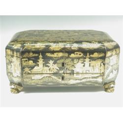 A 19th Century Japanese lacquer sewing box decorated with a gilt landscape scene incorporating...