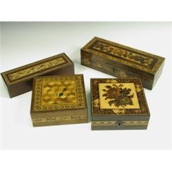 A Tunbridgeware and rosewood jewellery box, the hinged lid decorated with a floral mosaic bord...