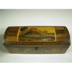 A Tunbridgeware and rosewood glove box, the domed lid with a view of a castle on a hill, the s...