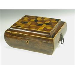 A Regency Tunbridgeware and rosewood work box of sarcophagus shape, the hinged lid with cubic...